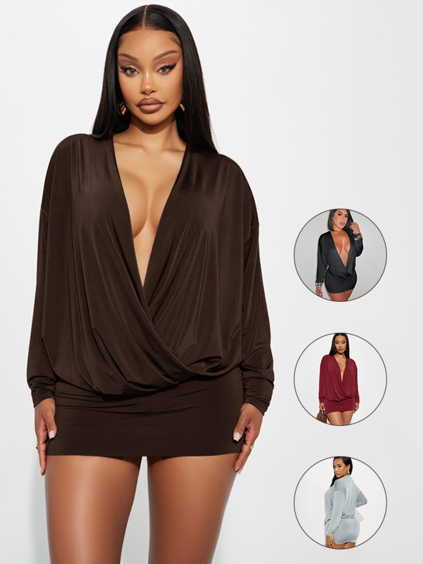 Women's Street Style Y2K Deep V Batwing Sleeve Dress, Long Sleeve Spring & Fall Fashion, Trendy Ladies for Casual Wear, Casual Comfy Chic