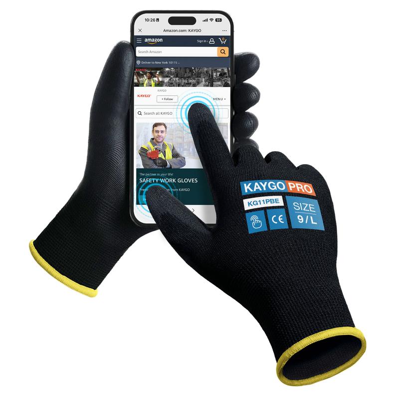 Outdoor Activity Gloves. KAYGO Safety Work Gloves PU Coated for Men and Women- KG11PB,12 Pairs,Seamless Knit Glove with Two Fingers Touchscreen,Ideal for General Duty Work (Large,Black)