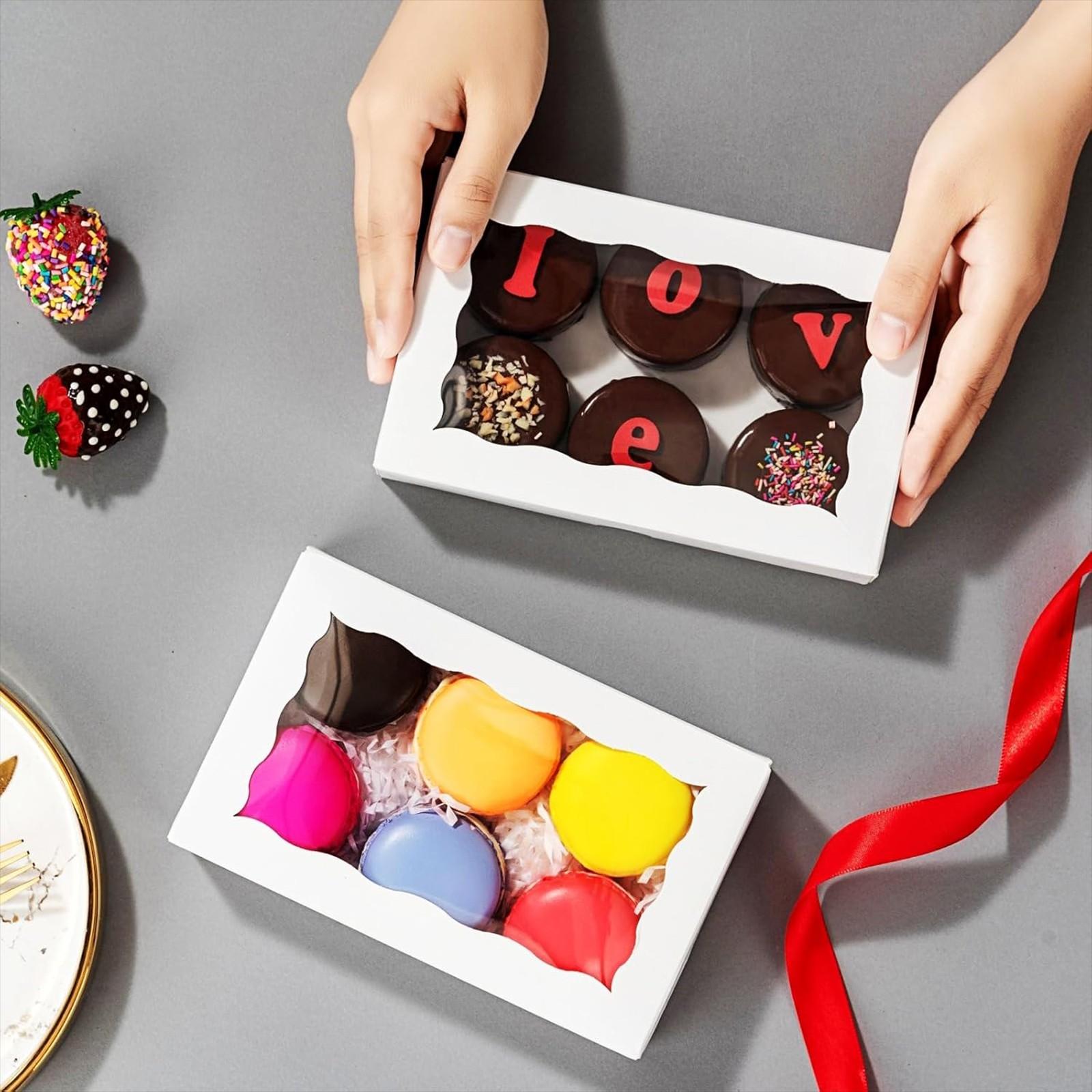 White Bakery Boxes with Window, 6 X 6 X 3 Inches, White Paperboard Treat Boxes for Cookies, Pastry, Cookies, Strawberries, Macarons