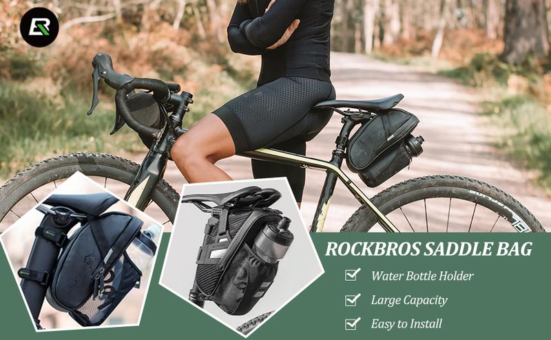 ROCKBROS Waterproof Bike Saddle Bag with Water Bottle Pouch, Under Seat Storage for Mountain and Road Bikes