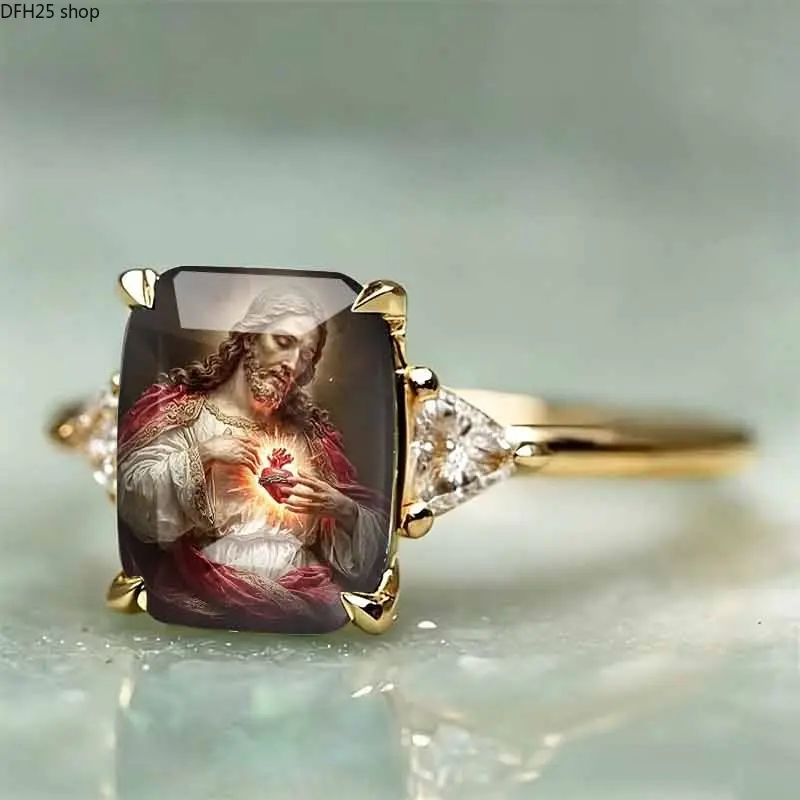 Vintage Sacred Heart Art Ring with Classical Religious Portrait Illustration, Alloy Statement Ring, Inspirational Fashion Jewelry for Daily Wear, Casual Outfits and Faith-Inspired Style