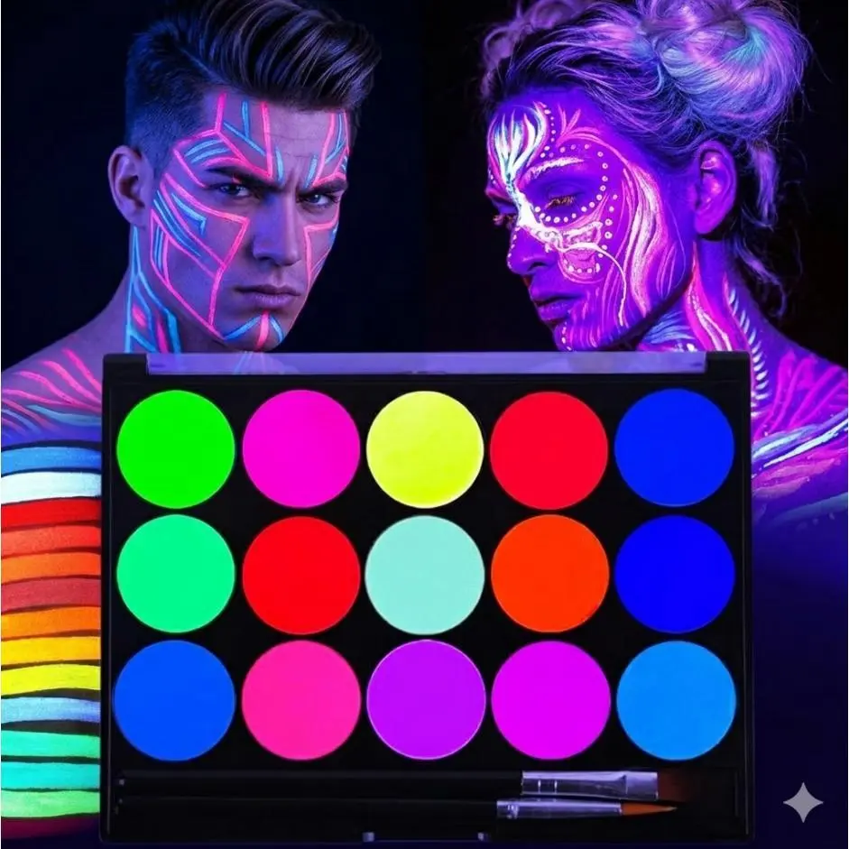 15 Colors UV Glow Neon Face Paint Palette Washable Bright Body and Face Paint Kit for Festival Party Halloween Carnival Sports Events