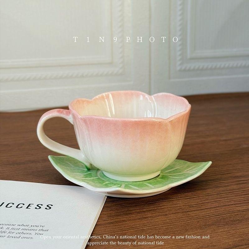 Gift for Her 💗 Floral Embossed Ceramic Cup with Saucer  Vintage Coffee Mug therapeutic cup for Cappuccino   Latte Art Coffee Cup Pink and Blue Flower Cup 🌸  Aesthetic