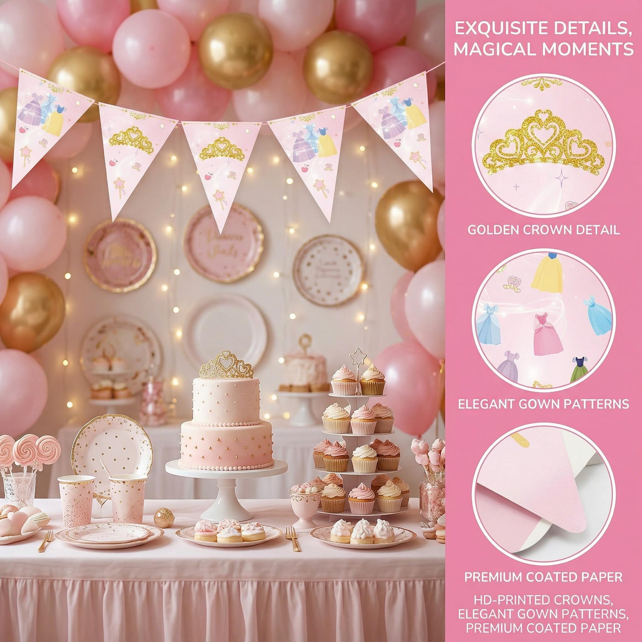 12pcs set of girls' clothing-themed party supplies Happy Birthday banner party decorations, featuring pink triangular flags with crown and dress print design, home wall decoration, wedding anniversary, holiday celebration supplies