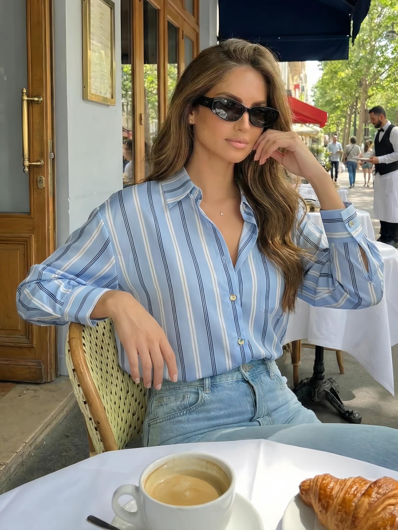 Women's Loose Long Sleeve Shirt, Elegant Inner Layer Casual Top, All-Over Pattern Design, Spring Fashion 2026 New Arrival