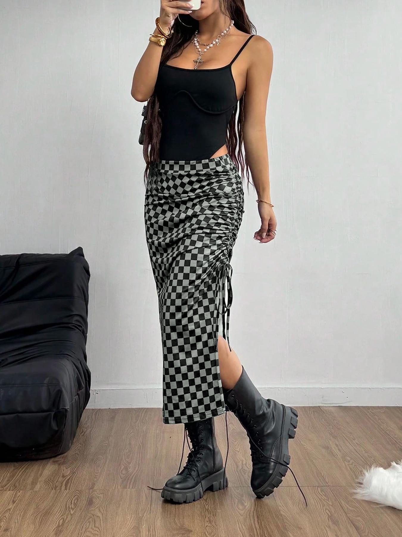 Women's Plaid Drawstring Waist Skirt, Casual Sporty Split Design, Slim Fit Half-Length Skirt for Daily Wear & Outdoor Activities