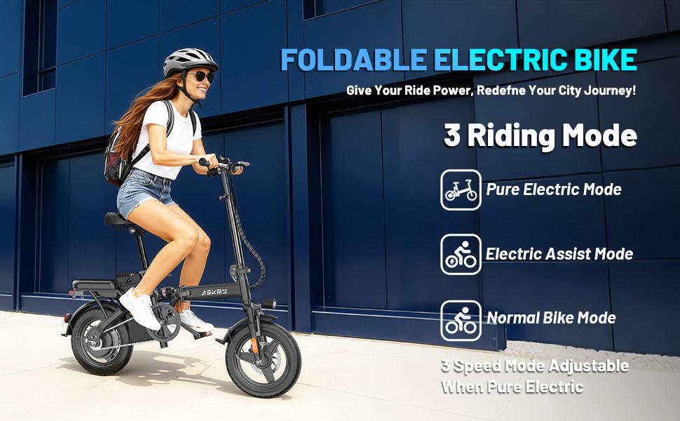 ASKMY E14 Folding Electric Bike 1000W Peak Motor, Up to 45 Miles Range | 14" Tubeless Tires, Dual Disc Brakes | UL Certified, Puncture-Tested Battery, 12-Month Warranty, Lightweight Design