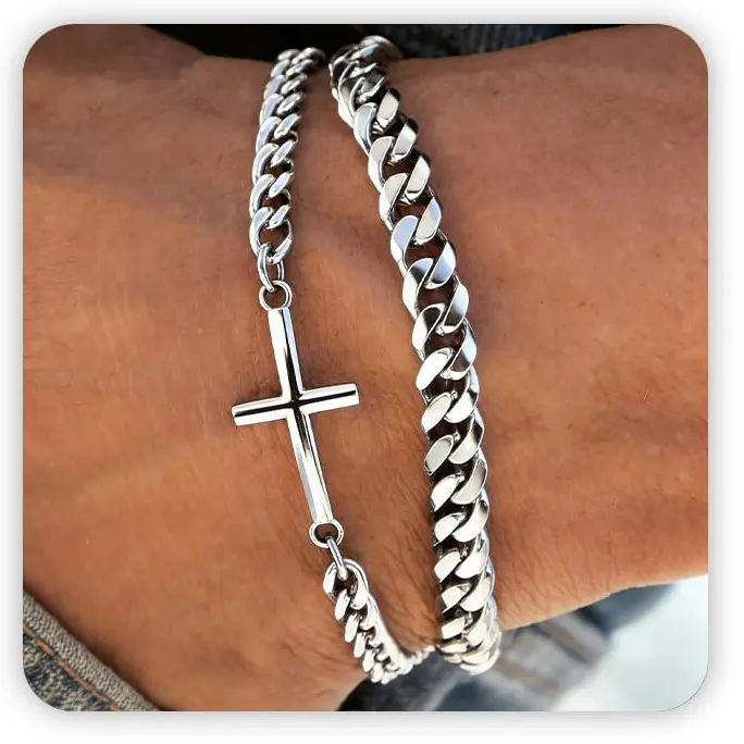2Pcs Minimalist 304L Stainless Steel Cross Bracelets, Silver/Gold/Black Mens Cross Bracelets Stack Cuban Link Chain Bracelet Set Non Tarnish Adjustable Chunky Mens Jewelry Gifts for Men Dad Him Father's Day
