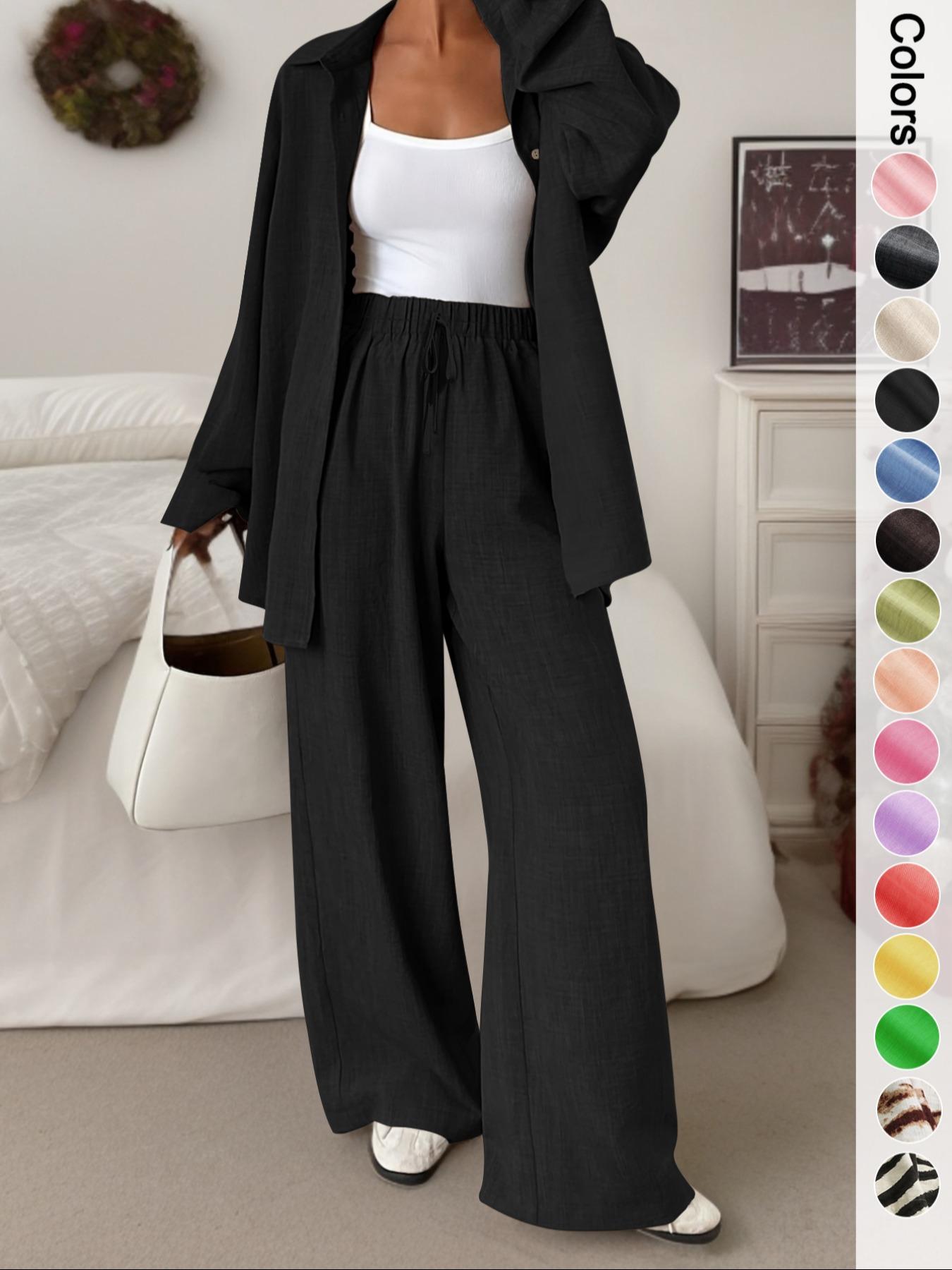 Women's Casual Sporty Shirt Long Pants Set, Loose Button-Up Top Wide Leg Pants Two-Piece Set, Comfortable and Stylish