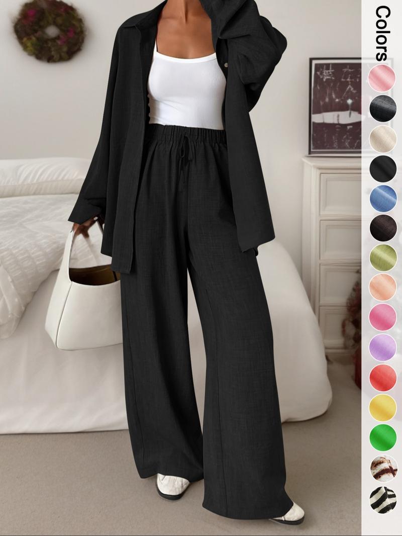 Women's Casual Sporty Shirt Long Pants Set, Loose Button-Up Top Wide Leg Pants Two-Piece Set, Comfortable and Stylish