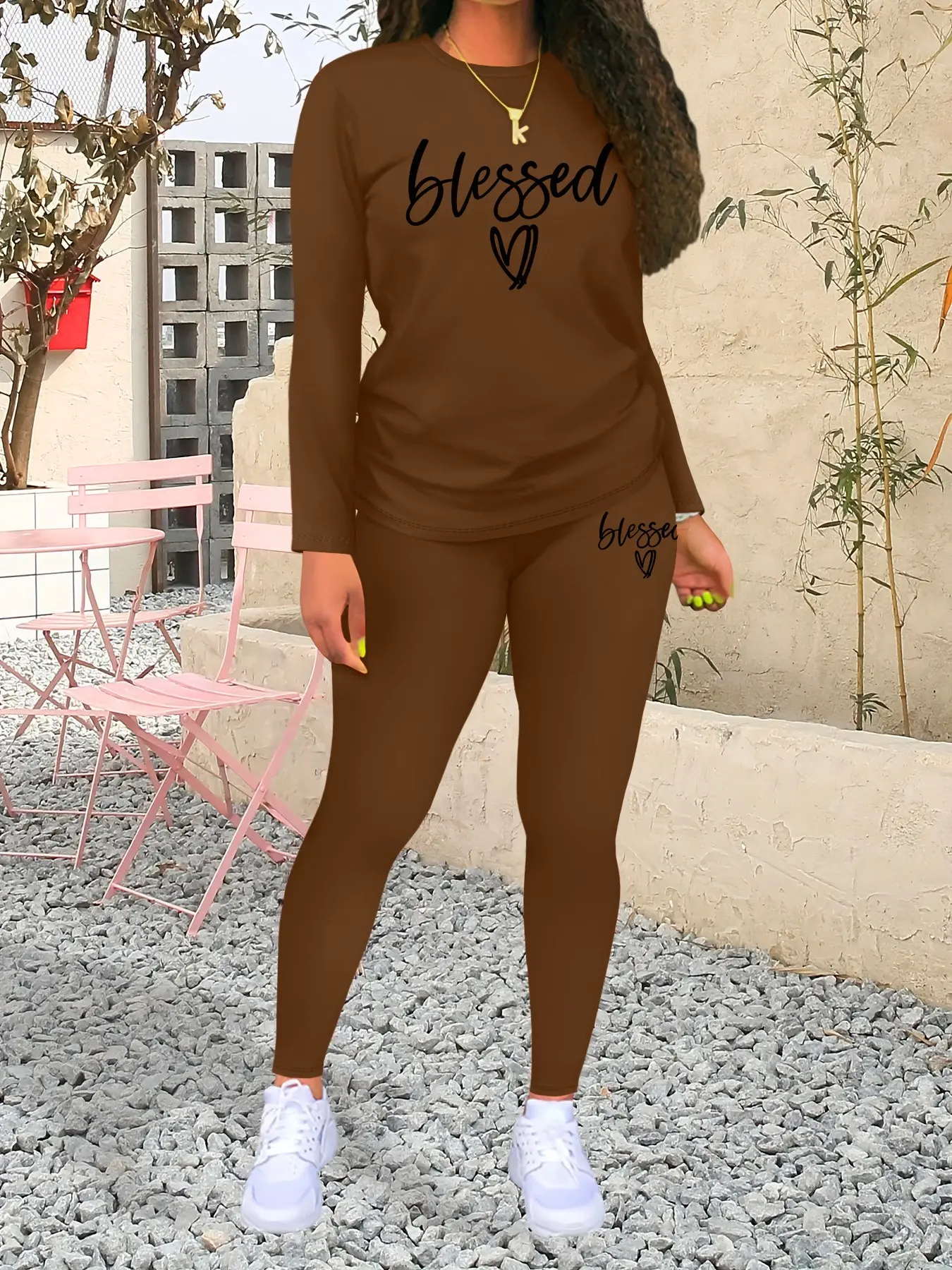 Women's Blessed Letter Print Casual Sportswear Set, Fashionable Long Sleeve Top & Tight Pants, Fall & Winter Fitted Tee, Activewear Clothing, Workout Set, Sweatsuit Sets, Yoga Clothes Set, Casual Sportswear Outfit