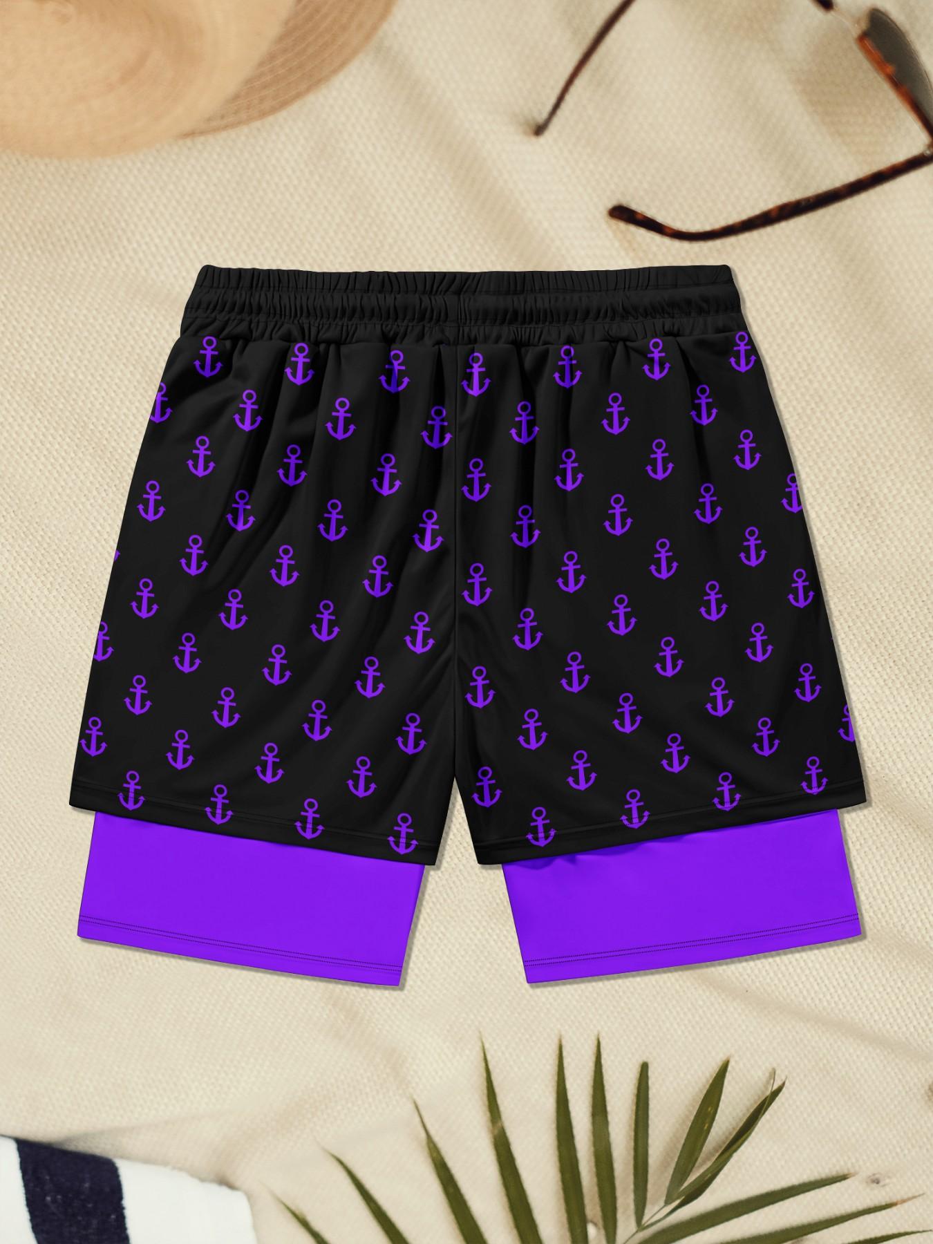 Men's 2-in-1 Quick-Dry Beach Shorts, Swimwear Shorts, Printed Swim Trunks, Cool Cartoon Duck & Anchor Print Drawstring Casual Summer Swim Trunks, Swimsuit Shorts for Vacation #GLOBAL PICKS