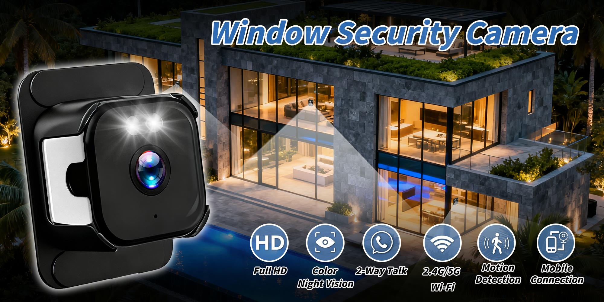 Window Camera, Wall-Mount Security Camera, Full-Color Night Vision, Dual-Band WiFi, Motion Detection, Easy Installation, Indoor Surveillance Device