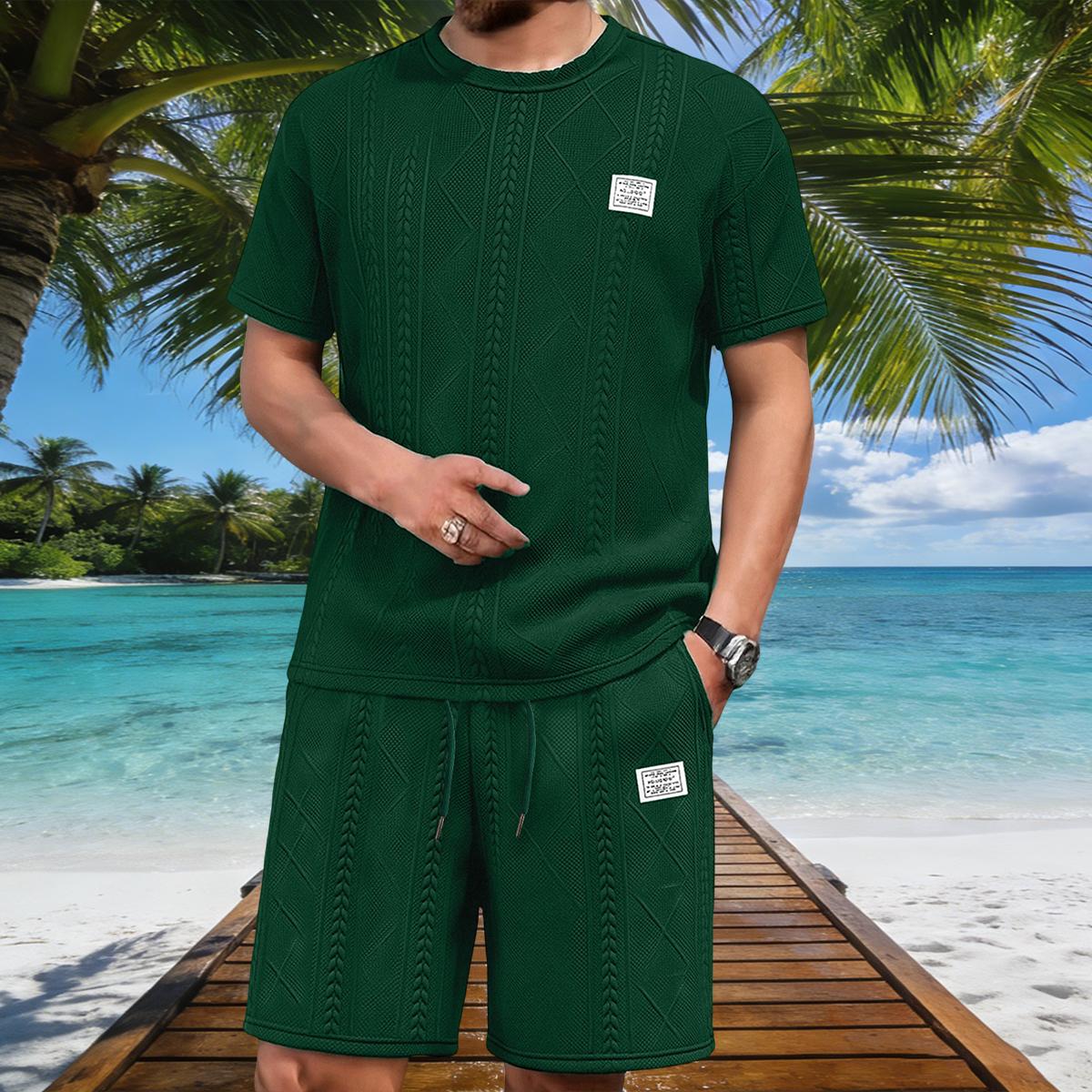 Men's Premium Textured Knit 2-Piece Outfit, All-Over Diamond Jacquard Pattern T-Shirt and Drawstring Shorts Set, Breathable Casual Co-ord for Summer, Streetwear, Travel & Everyday Activities