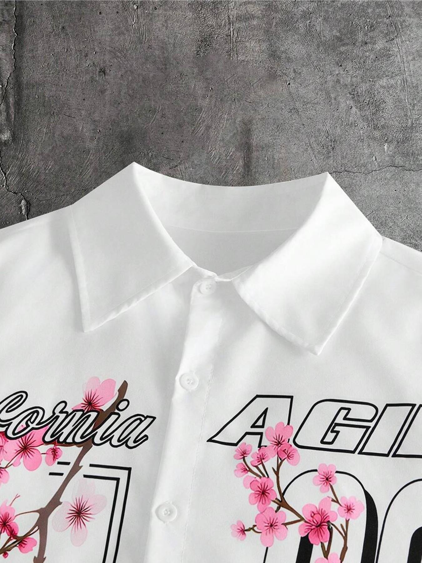 Men's White Lapel Short Sleeve Button Shirt, Casual Collared Shirt, California 23 Pink Cherry Blossom Slogan Star Letter Graphic Print, Loose Oversized Fit, Light Wrinkle Resistant Woven Fabric, Y2K Floral Hip Hop Casual Top