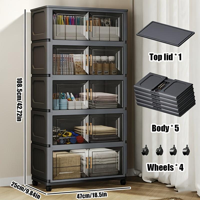 A five-tier (42.72 inches) entryway Plastic storage cabinet, Multi Layer Cabinet, featuring a large capacity with 3/4/5-tier shelving, a magnetic door design paired with silent universal wheels, making it a movable entryway storage cabinet
