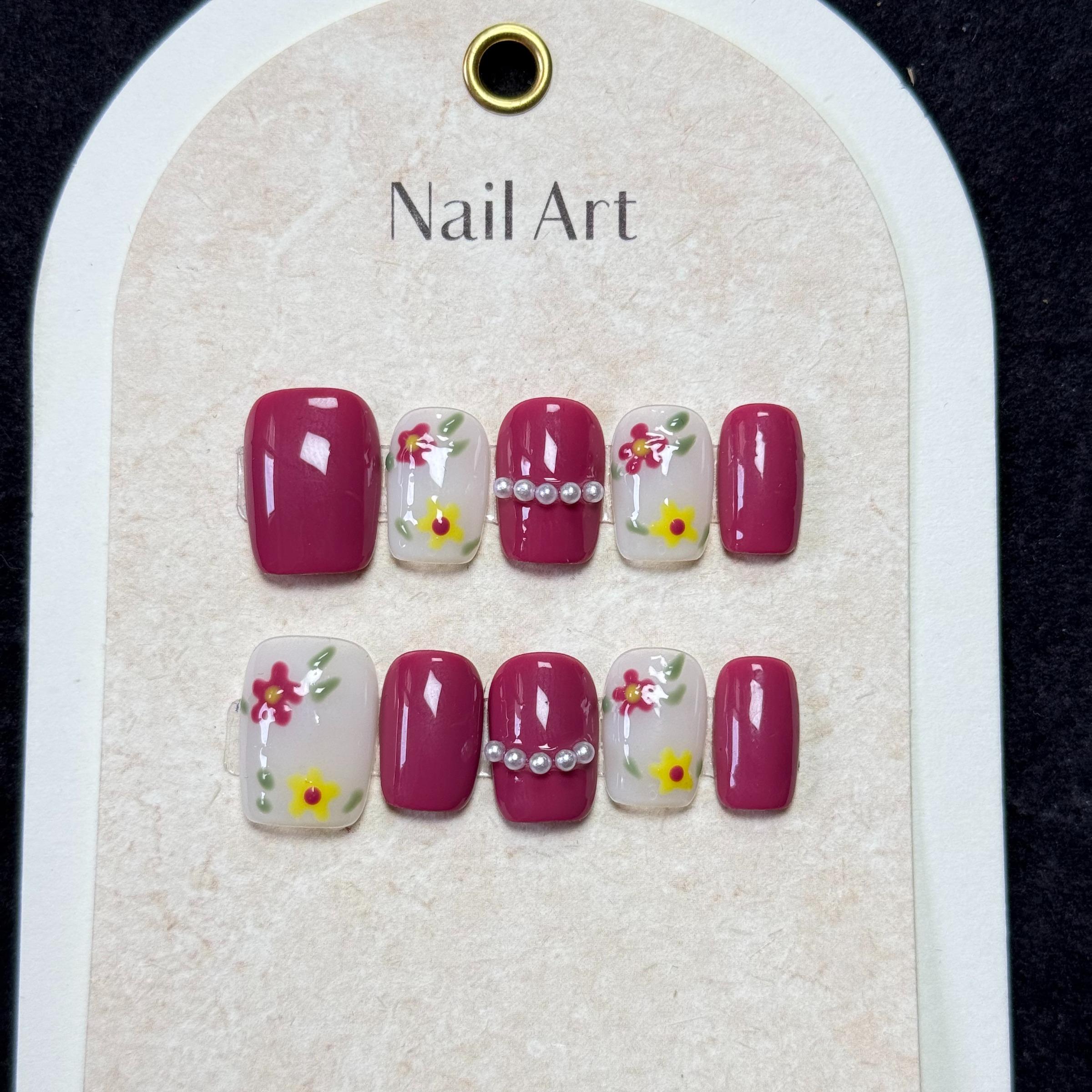 Luxury Nail Freedom! Raspberry Red Exquisite Hand-Painted Flower Press On Fake Nails, Reusable, Get Gentle Fairy Nails In 5 Mins, No Salon Needed