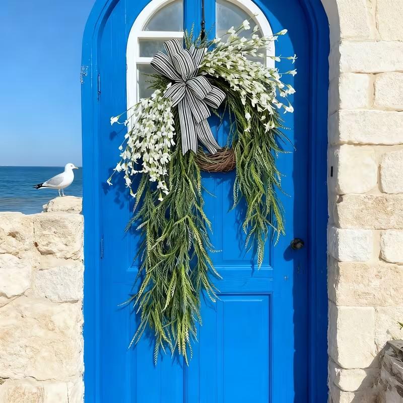 Spring Summer Front Door Decorative Wreath, Realistic Bell Flower Drip Tear Drop Door Knocker, Striped Bow, Plant Woven Wreath