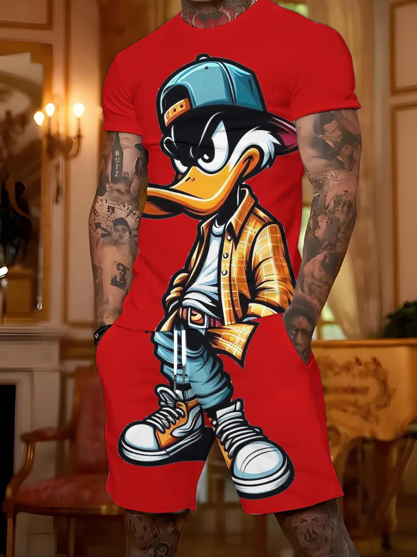 Men's Y2K Style 3D Duck Print Sports Set, Casual Short Sleeve Top and Shorts, Perfect Gift for Men, Daily Outdoor Wear