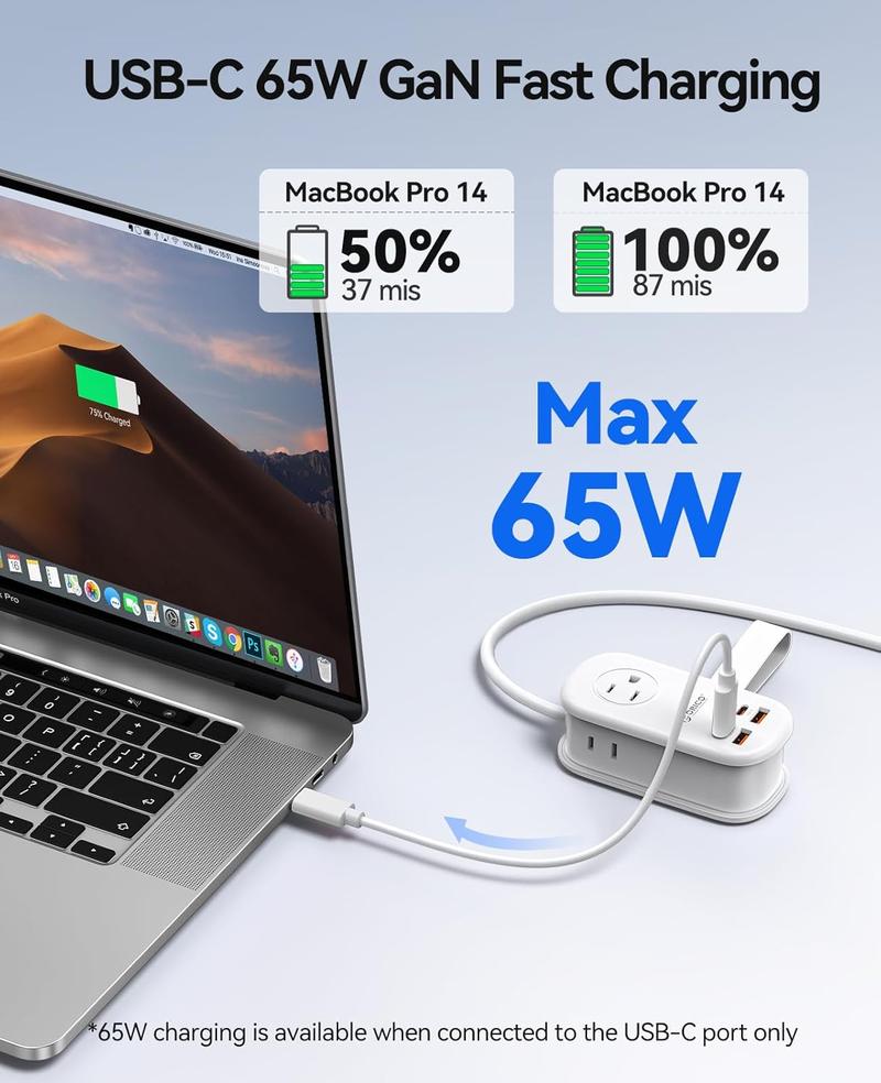 ORICO 7-in-1 Travel Power Strip, 3 AC Outlets + USB-C/USB-A Fast Charge (20W or 65W PD GaN), 4FT Wrapped Extension Cord, Flat Plug, Compact for Hotel, Dorm, Cruise, and MacBook/iPhone Devices - AP3 20W/65W