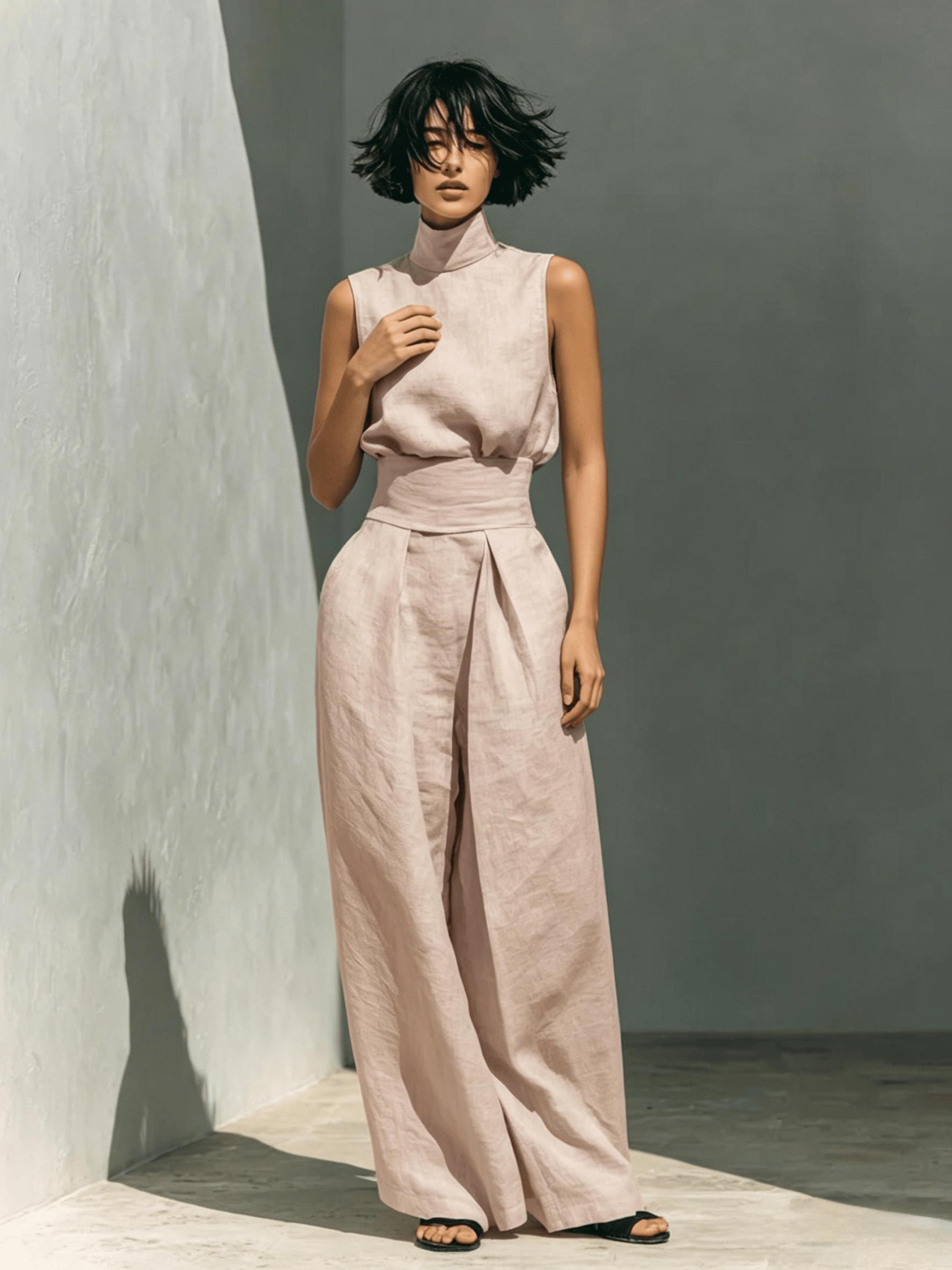 D2110 Solid Color High Neck Athleisure Two Piece Set For Women Elegant Sleeveless Top Matching Flowy Drape Wide Leg Pants Pockets Classic Old Money Aesthetic Casual Everyday Co Ord Outfit Clothes