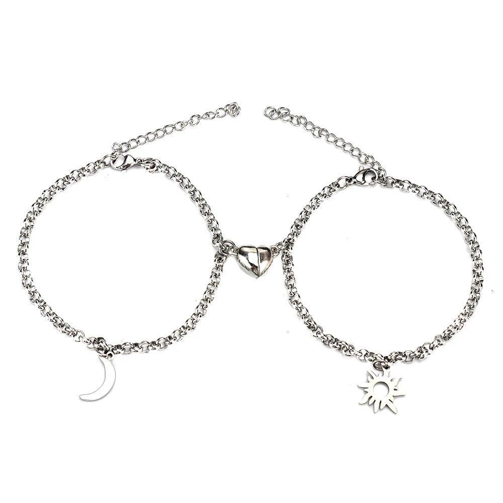 Unisex Charm Bracelets - 2Pcs Stainless Steel Sun Moon Charm Magnetic Link Jewelry, Valentine's Day Gifts, Everyday Use, Wholesale Fashion Accessories for Couples, Unisex Wear
