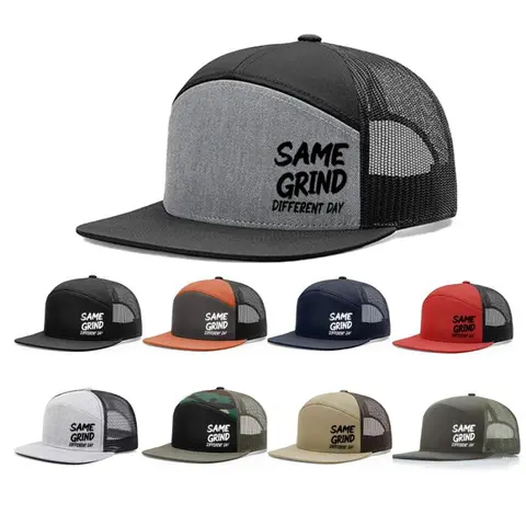 Unisex Fit "Same Grind Different Day" Printed Slogan Flat Bill Trucker Hat - Breathable Mesh Snapback Cap, Adjustable Outdoor Sun Hat with Mesh Back Panel for Fishing, Daily Casual Wear