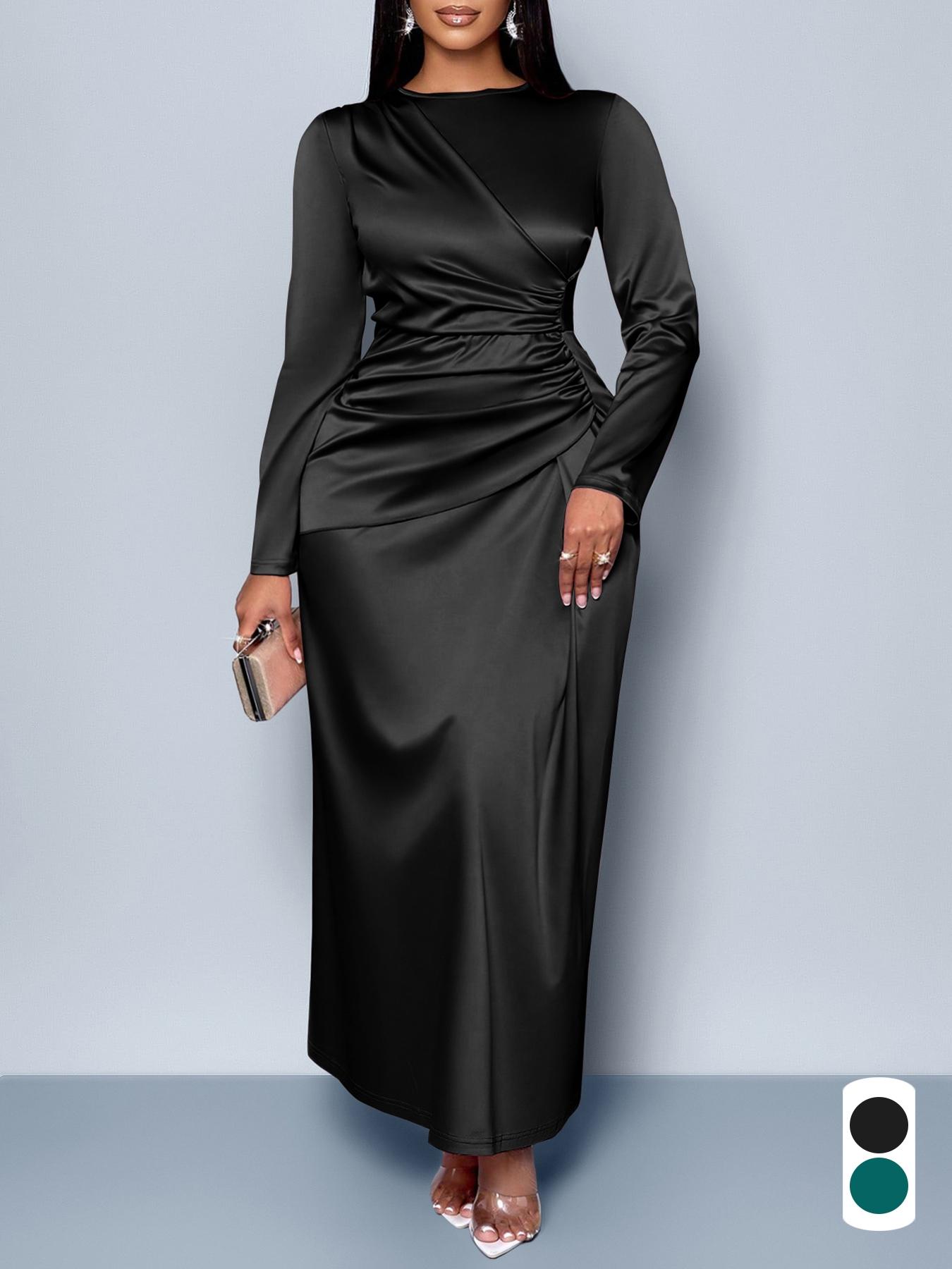 Plus-size Christmas Women's Vlothing Women's Elegant Plain Satin Dress, Round Neck Long Sleeve Bodycon High Waist Maxi Gown, Fall Fashion Plus Size Evening Wear