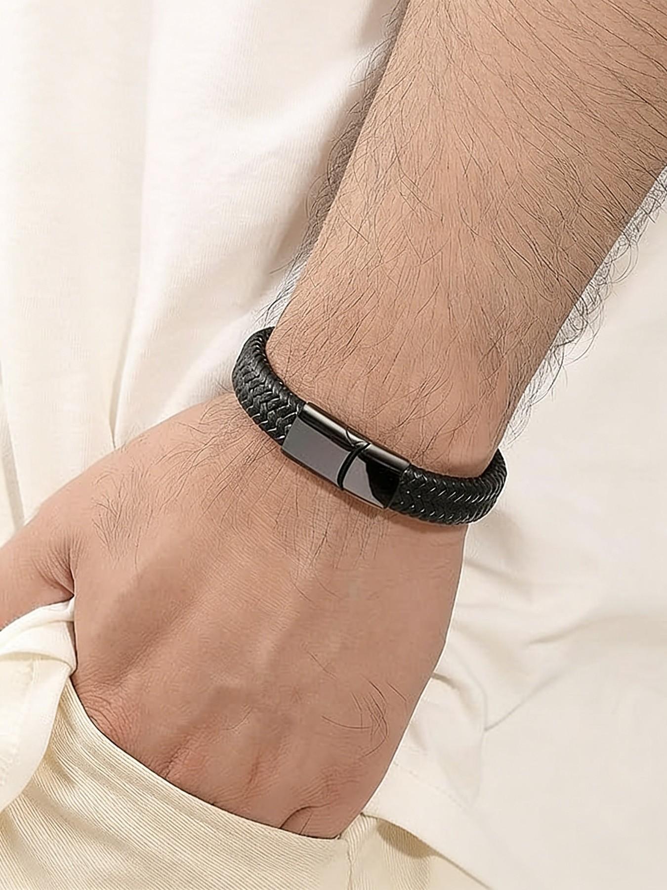 6-Piece Leather Bracelets for Men, Stackable Retro Bangles with Stainless Steel Clasp, Perfect Family Gift Set with Sentimental Cards