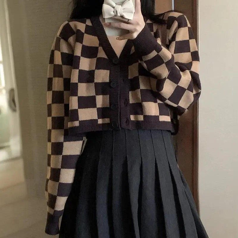 Checkerboard Crop Cardigan V-neck Button Up Knitted Sweaters Women Autumn Winter Outfit