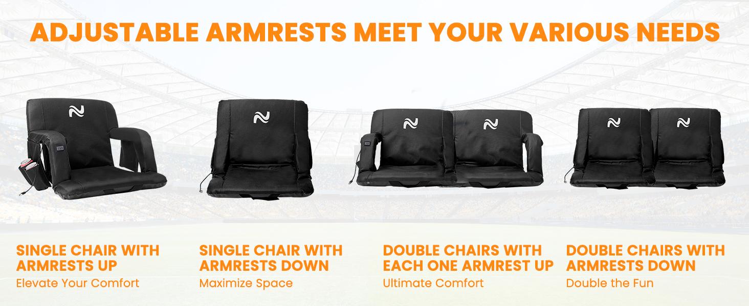 SLSY Heated Bleacher Seat with Battery, Heated Stadium Seats 6 Reclinng Positions and 3 Levels of Heat Heated Stadium Chair with Back & Arm Support