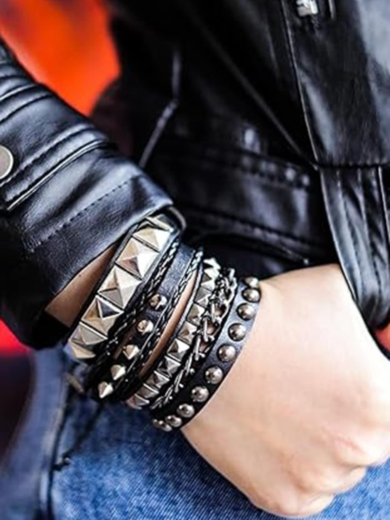 Punk Style Rivet & Beaded & Braided Decor Bracelet Set, Fashionable Adjustable Stackable Bracelets for Party, Daily Clothing Decor, Trendy All-match & Exquisite Jewelry for Gift