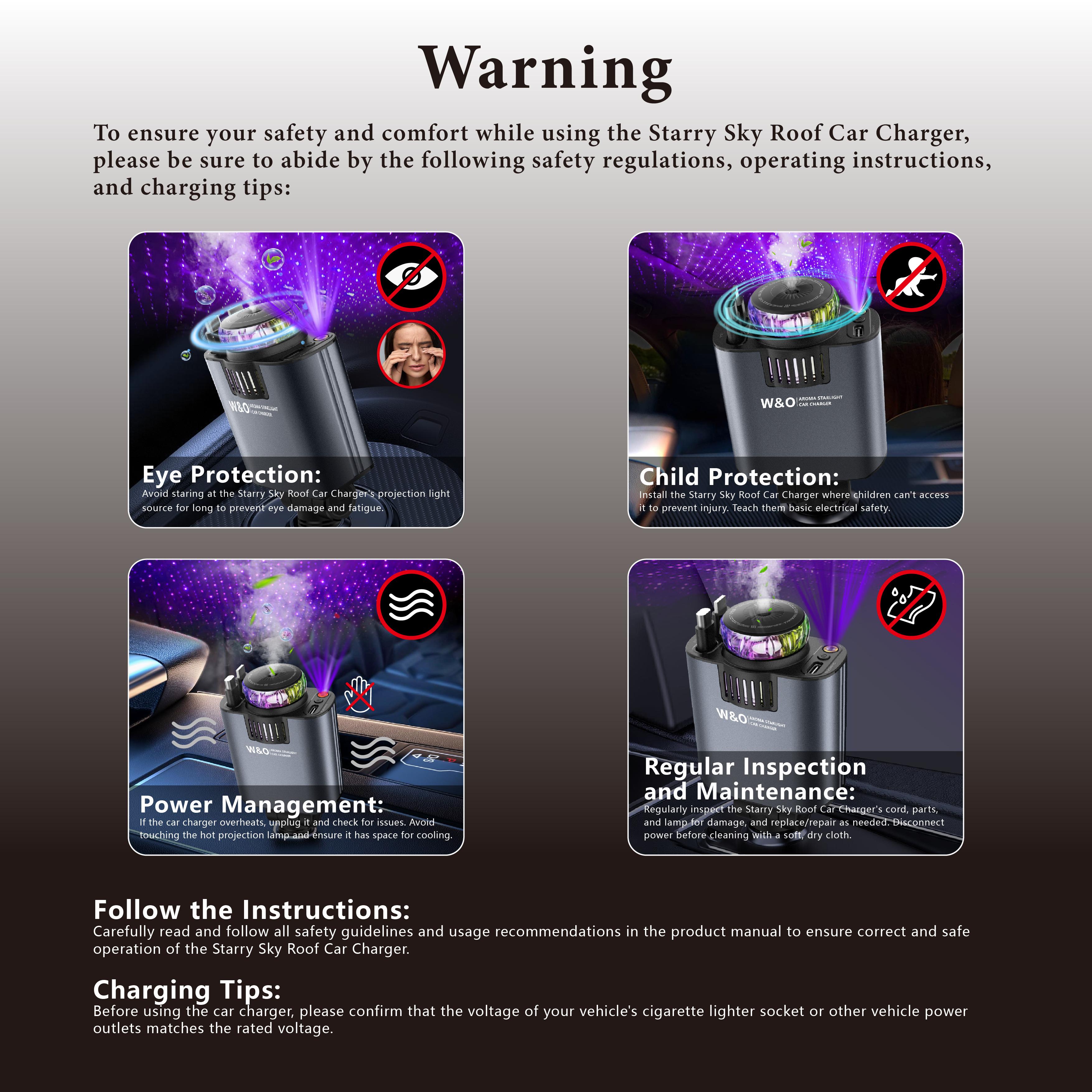 W&O Aromatic Starlight In Car Roof Retractable Car Charger 5-in-1 Smart Car Charger Atmosphere Lighting 180° adjustable plug Adapters in a Robust