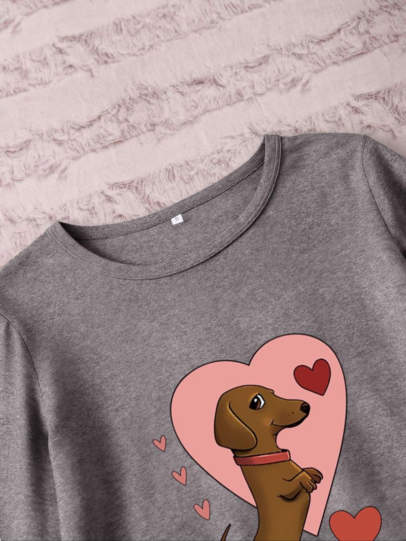 Women's Long Sleeve Pajama Set Cartoon Heart Sausage Dog Print, Casual Fitted Sleepwear Loungewear for Spring & Fall, Comfortable Kint Fabric