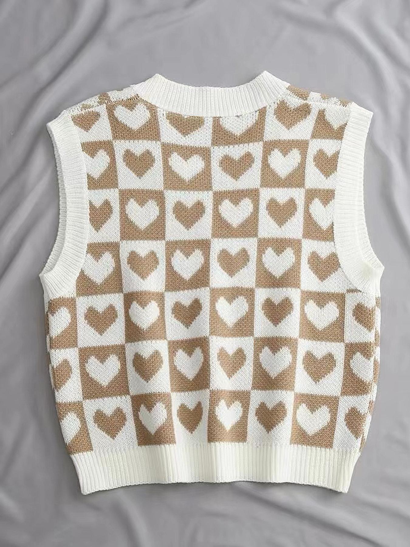 Women's Heart Print V Neck Sweater Vest, Casual Comfy Sleeveless Knit Top for Daily Outdoor Wear, Women Knitwear for Spring & Fall