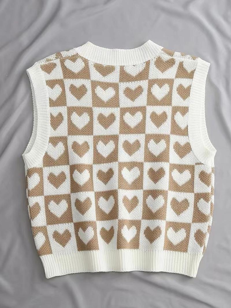 Women's Heart Print V Neck Sweater Vest, Casual Comfy Sleeveless Knit Top for Daily Outdoor Wear, Women Knitwear for Spring & Fall