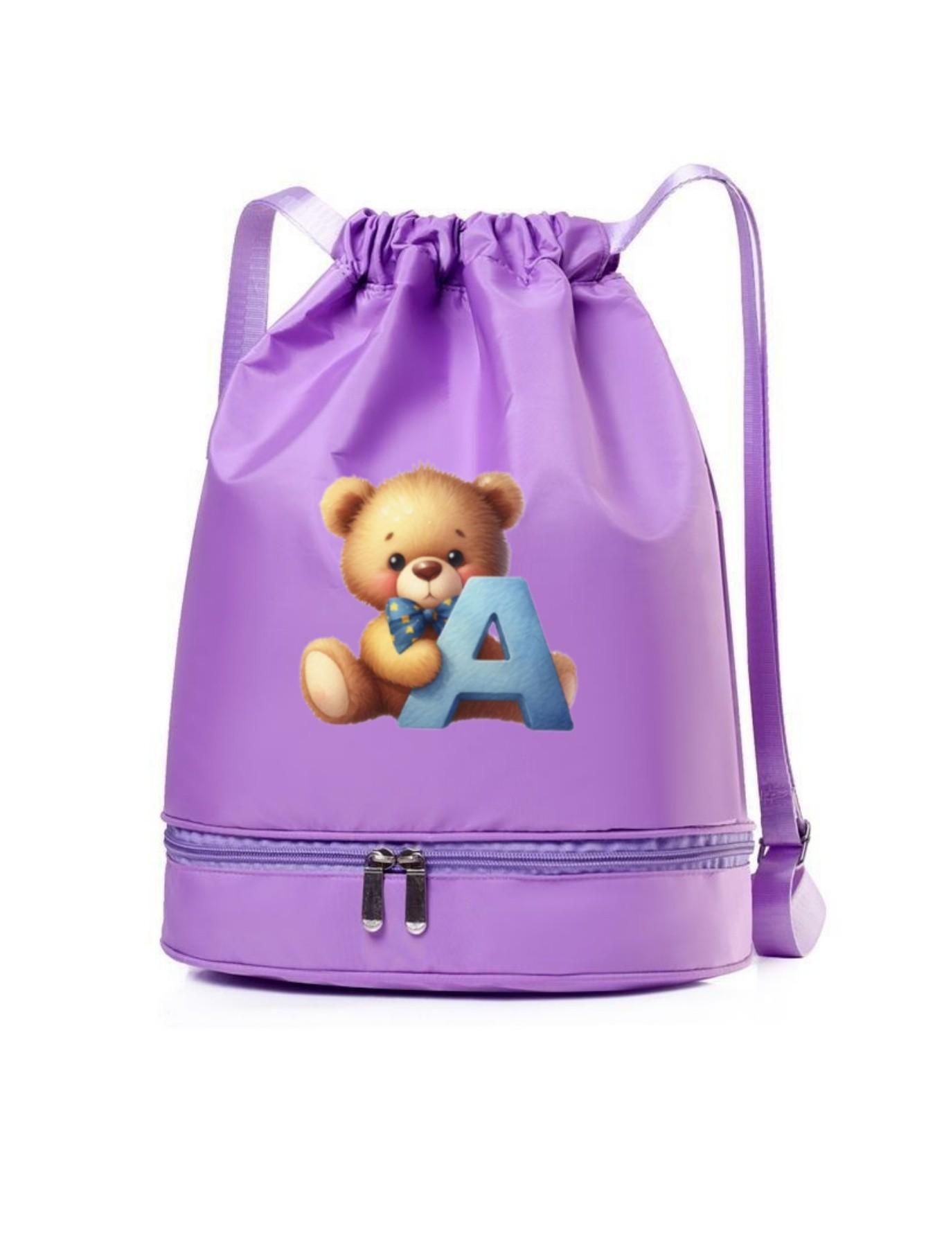Cute Bear Letter a Pattern Backpack, Lightweight Durable Nylon, Independent Shoe Compartment, Multiple Colors, Fashionable Cartoon Bag