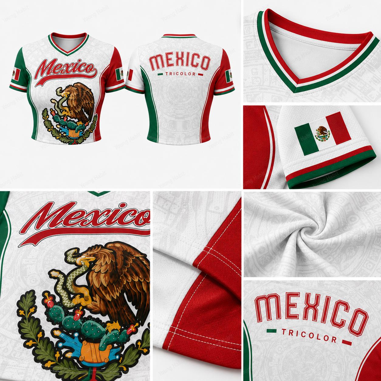 Women's Mexico Cropped V-Neck Athletic Cultural Pride Tee - Short Sleeves, Aztec Graphic, Flag Design, Polyester Lightweight Breathable Fabric, for Casual Streetwear