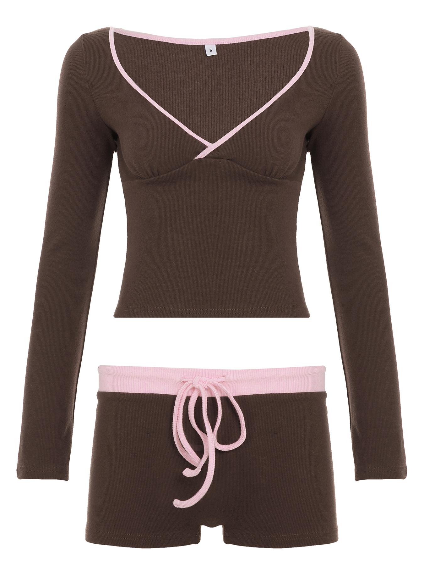 Women's Colorblock V Neck Long Sleeve T-Shirt & Shorts Set, Casual Chic Home Wear, Comfortable Two-Piece for Daily Use