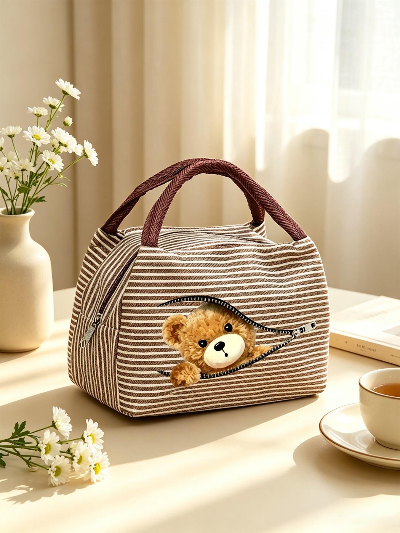 Creative Zipper Bear Lunch Bag, Insulated Meal Pouch, Thick Striped Handle, Large Capacity, Outdoor Picnic, Insulated Lunch Tote, Multiple Colors Available