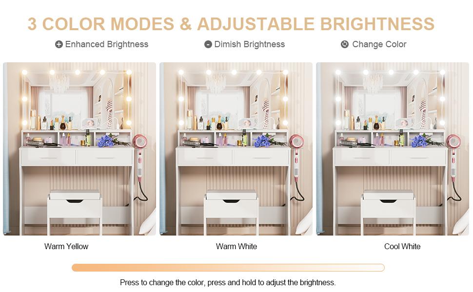 Vabches 31.5in(W) Makeup Vanity with Lighted Mirror & Power Outlet, White Vanity Set Vanity Desk, Clearance Makeup Vanity 3 Lighting Colors, Brightness Adjustable