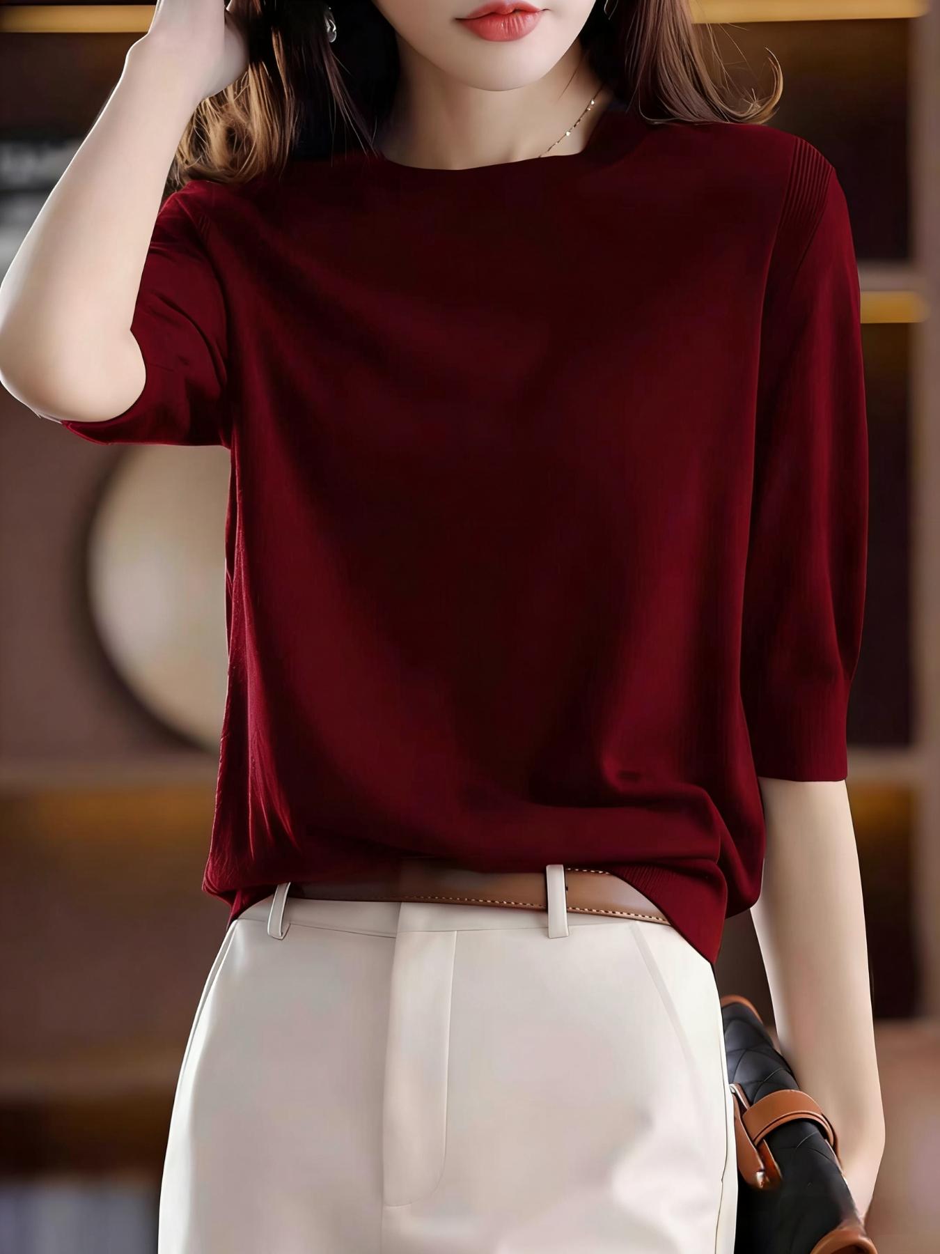 Women's Knitwear Knitted Sweater Round Neck Medium Sleeve Spring Autumn New Vintage Elegant Top Half-Sleeve Base Layer