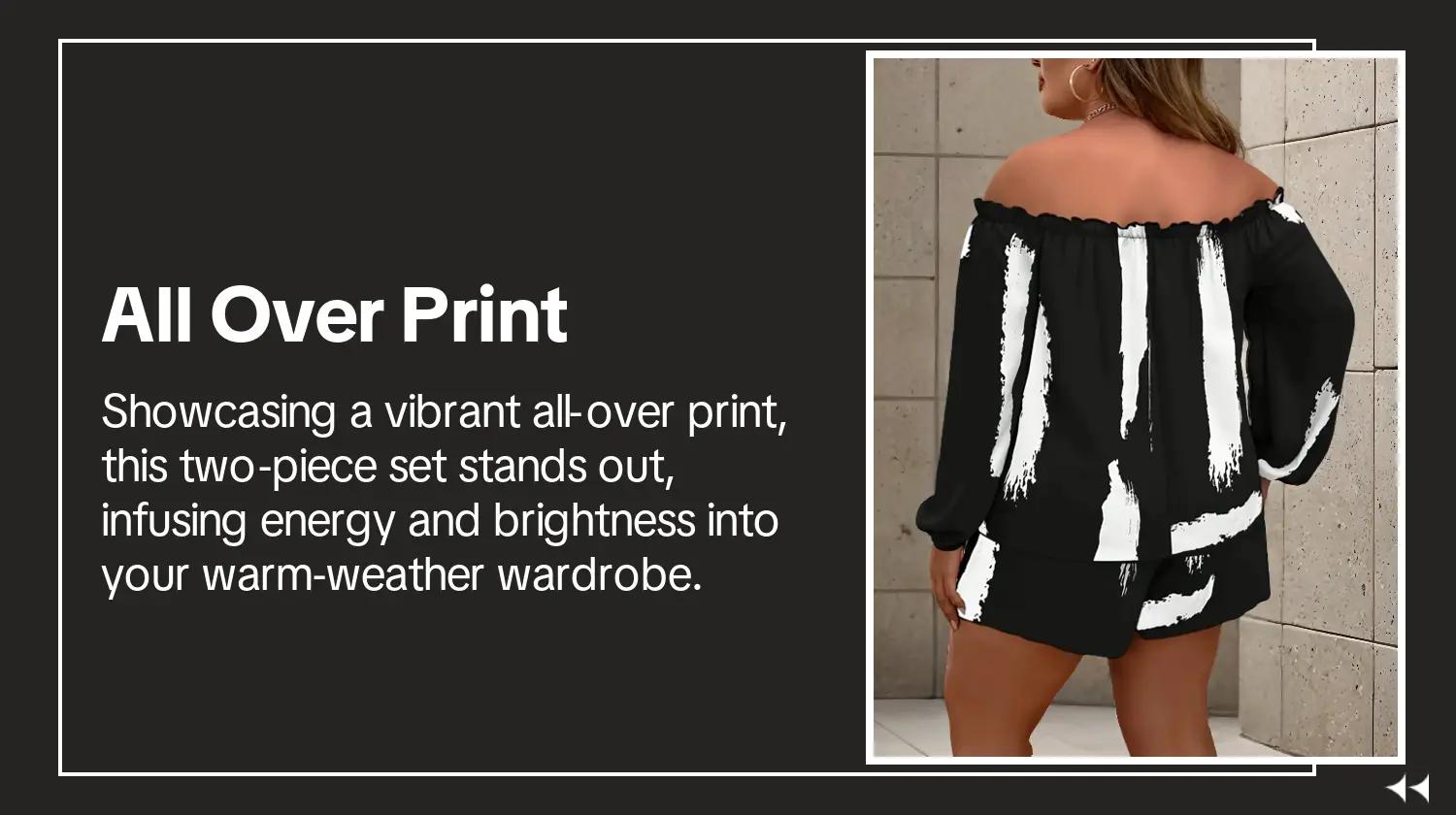 【Plus Size】Two-Piece Set All Over Print Frill Trim Cut Out Tie Front Blouse & Shorts, Off Shoulder Bishop Sleeve Top & Knot Front Shorts, Women's Outfits for Summer, Matching Sets, Womenswear, Lady