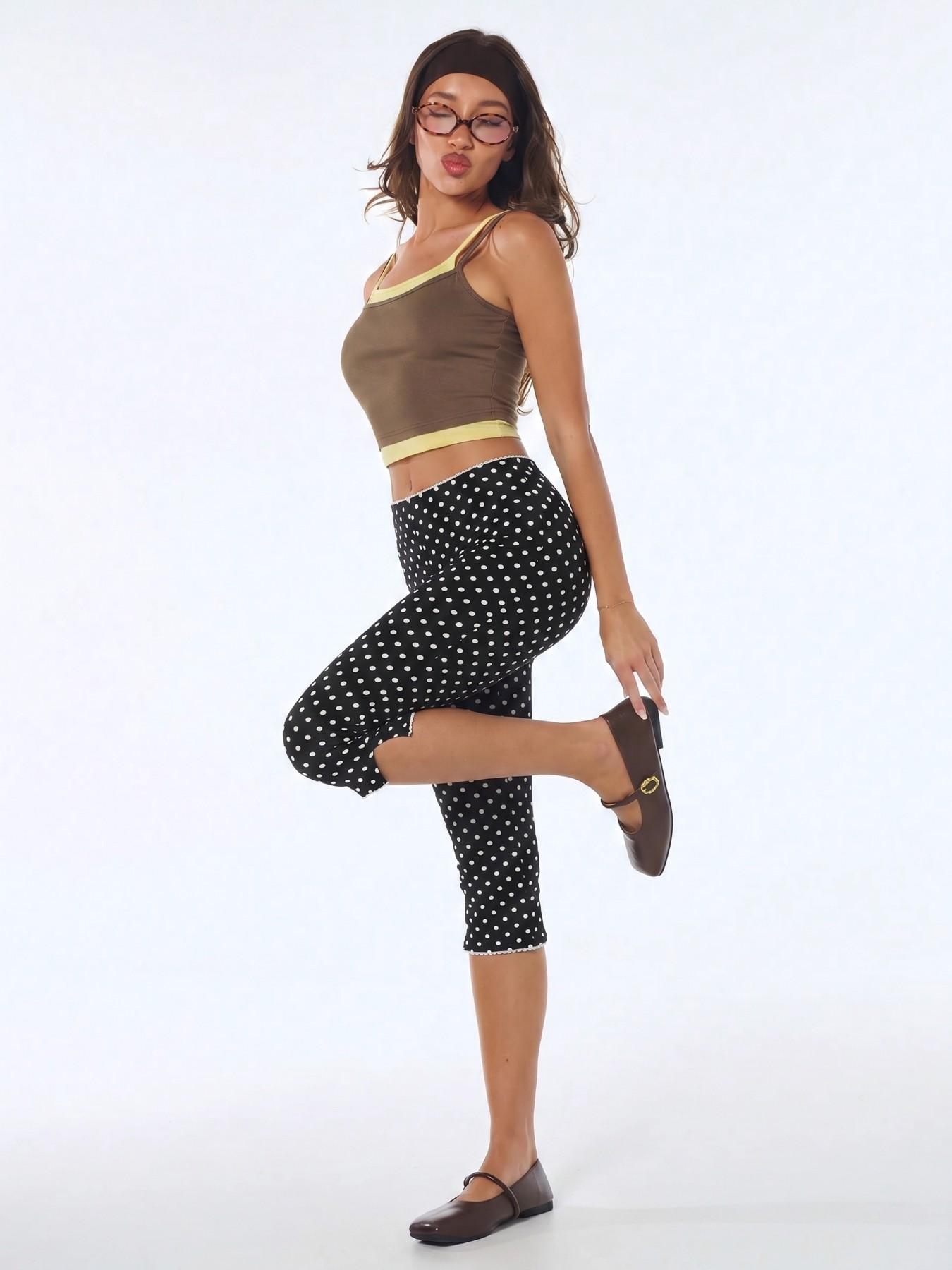 Women's Black White Polka Dot Lace Hem Capri Pants 2026 Y2K Retro High Waisted Slim Fit Casual Streetwear Summer Daily Trendy Going Out Stylish Bottoms Viral TikTok Fashion Essential