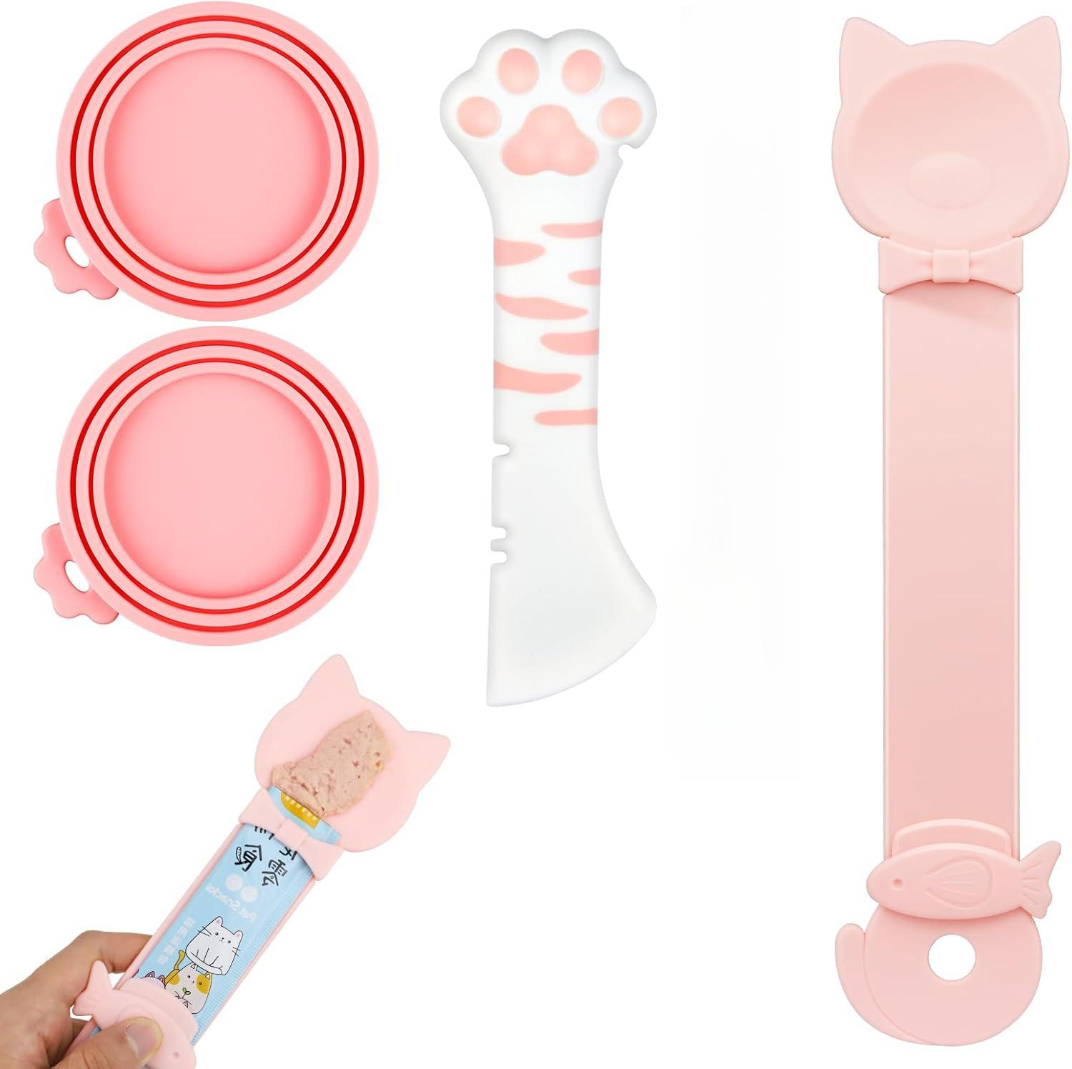 4 PCS Cat Food Can Covers Lids Set, Silicone Pet Food Can Lids with Multi-Function Cat Food Spoon and Opener, Cat Bar Squeezer for Cats and Dogs (Pink)