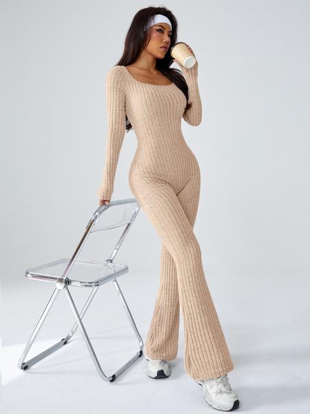 Women's Sporty U-Neck Long Sleeve Yoga Jumpsuit, Sportswear Jumpsuits, Slim-Fit Knitted Jumpsuits for All Seasons, Casual Fashion Wear