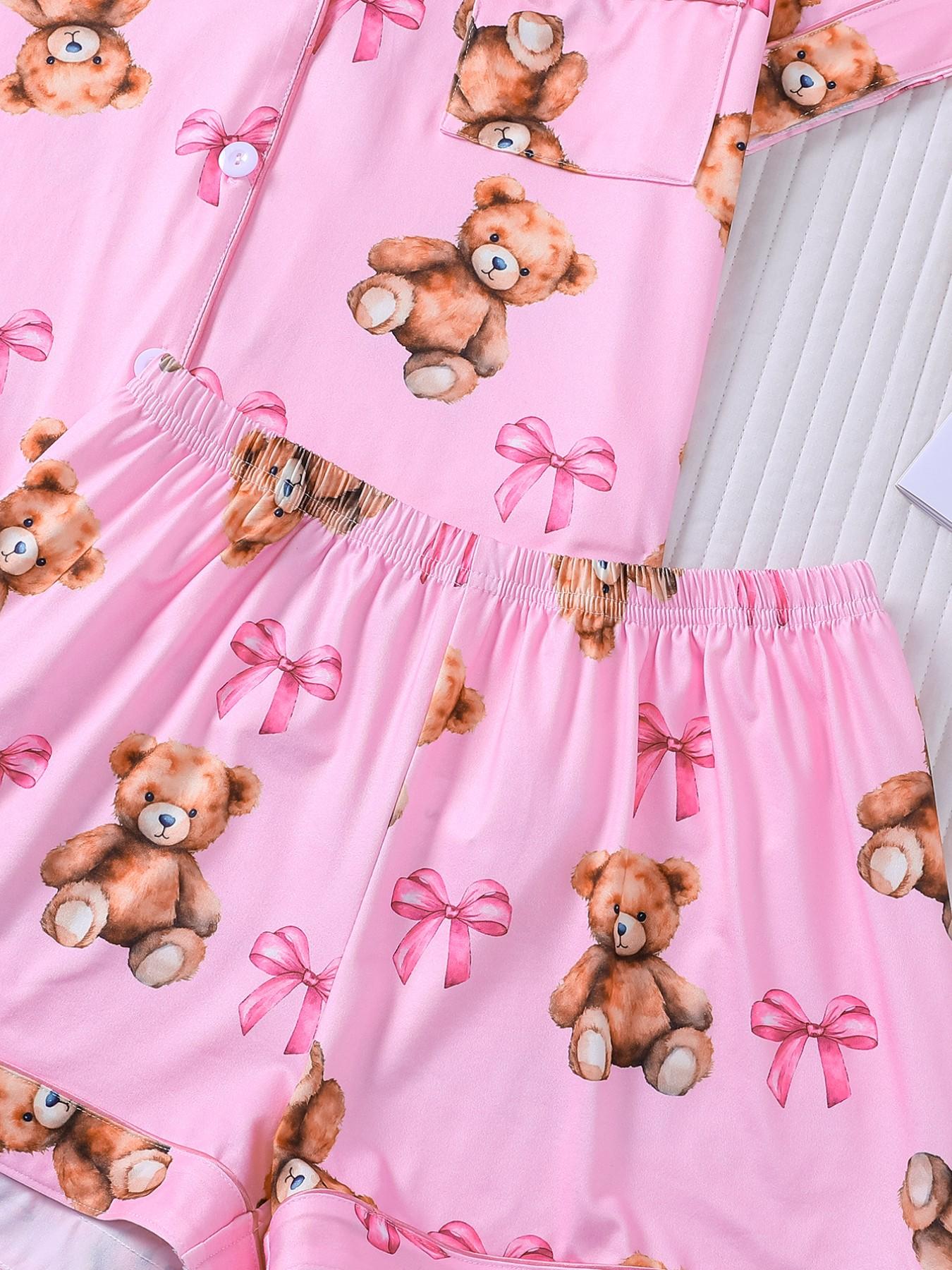 2 Piece Women's Pajamas Set, Pink Teddy Bear Bow Print Short Sleeve Sleepwear, Lapel Button Down Top with Pocket, Elastic Waist Shorts, Cute Cartoon Bear Comfy Loungewear for All Seasons, Daily Casual Homewear