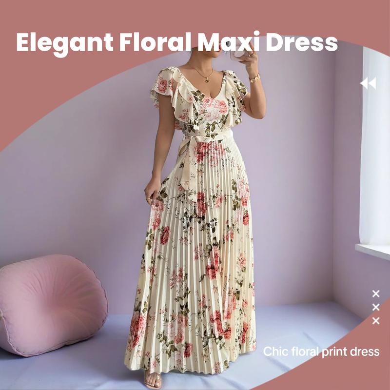 Women's V Neck Floral Print Elegant Folded Long Dress, High Tie-waist Slim Fit A-Line Party Dresses, With Ruffled Short Sleeves, Elegant and Romantic Women's Dresses, Floral Pattern Dress