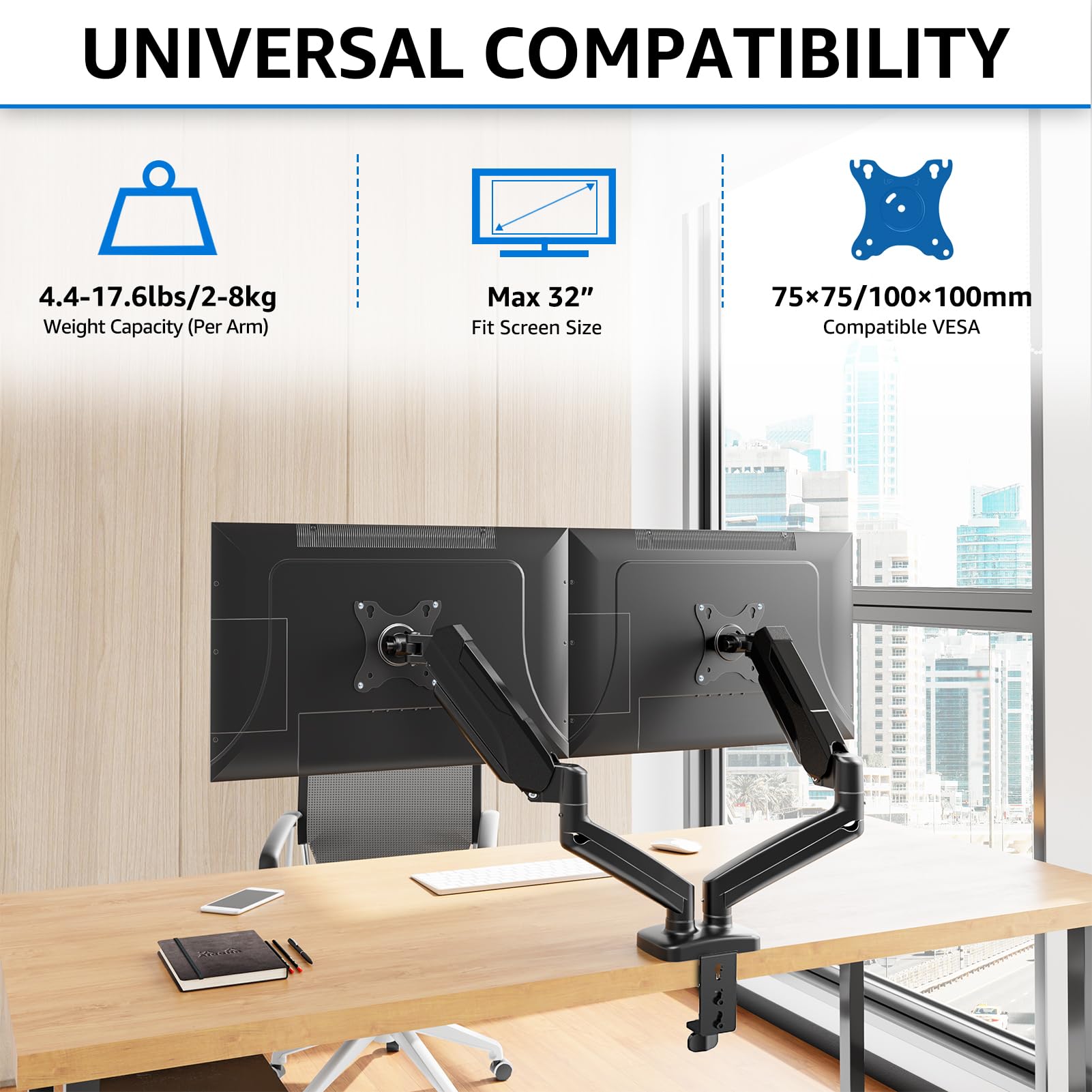 MOUNTUP 17"-32’’ Dual Monitor Mount for  Monitors, Holds 4.4-17.6 lbs, Full Motion Computer Monitor Stand