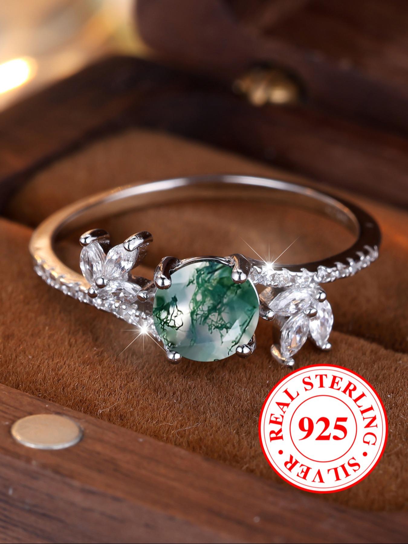 S925 Sterling Silver Ring with Seaweed Agate Inlay, Cuff Design Stackable Promise Rings for Women & Girls（with Box）